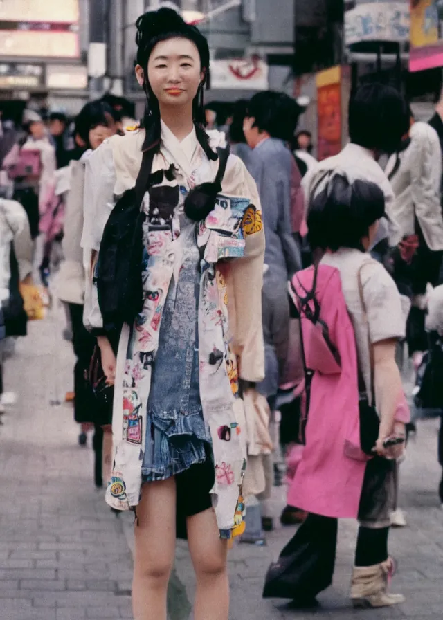 Image similar to a street fashion photograph of a cute japanese woman in 9 0 s fashion, in tokyo akihabara, shot on cinestill 5 0 d with a 3 5 mm at f / 2. 8 lens, print magazine, photorealistic, nineties nostalgia, 4 k