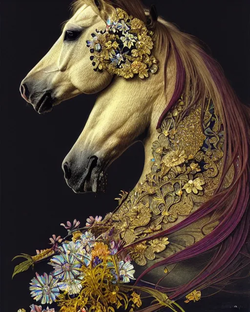 Image similar to side portrait of the horse of iridescent decay, uniquely beautiful animal, with flowers and plants, emotionally evoking symbolic metaphors, in focus, heavily gothic ornamental, intricate, elegant, highly detailed photorealistic digital painting, artstation, concept art, painterly, golden ratio, sharp focus, illustration, art by greg rutkowski and alphonse mucha,