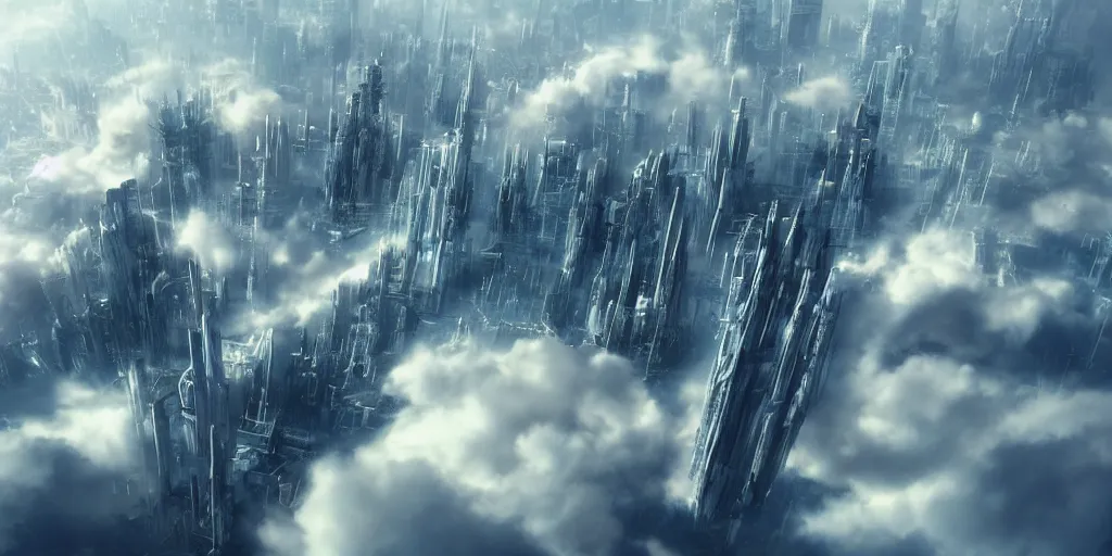 Image similar to a futuristic city on the clouds