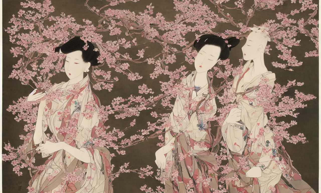 Image similar to a portrait of a beautiful female mannequin, a jointed wooden art doll with long flowing hair, holding paper fans, cherry blossom, plum blossom, flowing silk robes, by Yoshitaka Amano