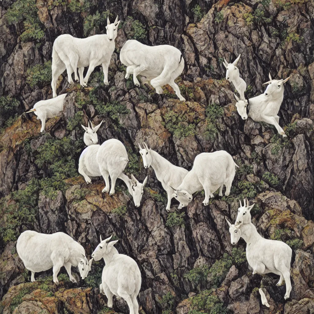 Image similar to mountain goats on a sheer cliffside, expressive, hyperrealism, photorealistic, lithography, fabric pattern