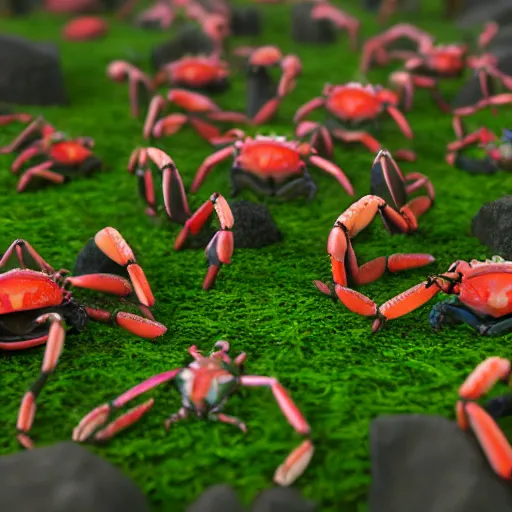 Image similar to large group of crabs and worms, crawling along a bed of moss, low poly, creeper world, handcrafted, artstation, hyperrealistic, hard light, best practices, creeptastic, photorealism, macro perspective, cuddly, Voidless of the Festival!, The Graveyard!!, Blood moon tentacles, outsider art!!!, The ego separates by Wojciech Siudmak!!!!