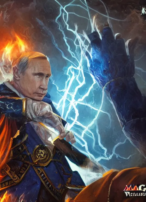 Prompt: a fully photographed magic the gathering card, depicting vladimir putin as a wizzard, 8 k