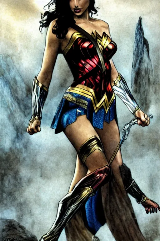 Image similar to Gal Gadot as Wonder Woman, illustration by Luis Royo