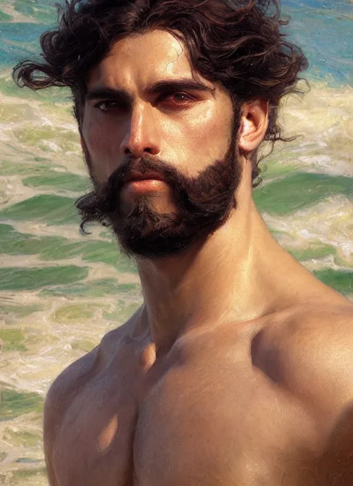 Image similar to detailed cinematic wide shot of muscular attractive young egyptian man beard slim face symmetrical face tanskin green eyes white hair wearing sea clothes, ultra realistic, spring light, painting by gaston bussiere, craig mullins, j. c. leyendecker