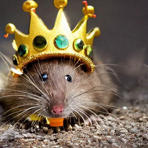 Prompt: realistic photo of a sewer rat wearing a golden crown, prize winning, 4 k, detailed