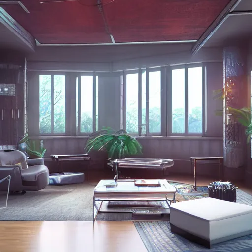 Image similar to Sci fi living room research laboratory, electric wallpaper, unreal engine 5 tech demo, zillow interior, cool tint, metallic reflective, octane render, Frank Lloyd Wright ((Studio Ghibli))