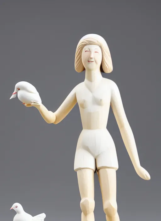 Prompt: still wooden figurine of young woman dressed wearing white shorts, holding white pigeon, personification, dynamic pose, detailed product photo, 8 k, 8 5 mm, f. 1 4, beautiful composition