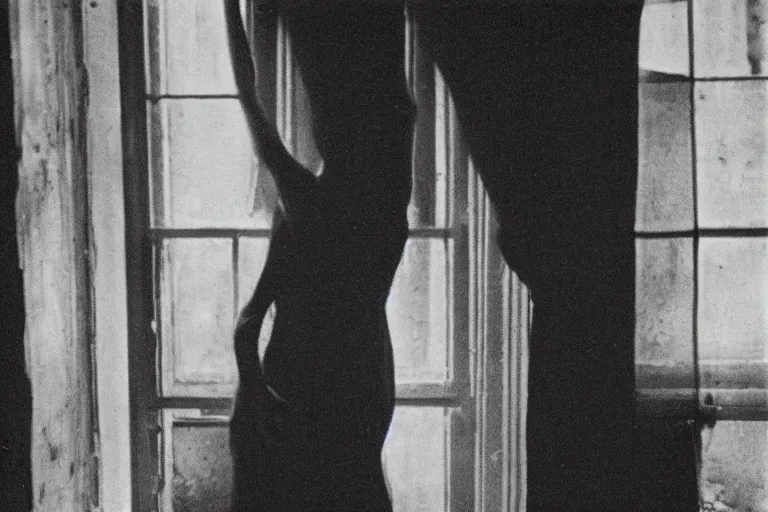 Prompt: silhouette of a woman in front of a dirty window, photo by Francesca Woodman,