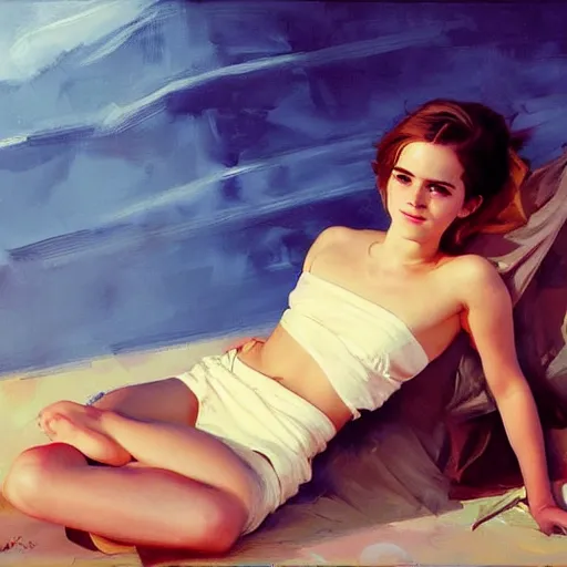 Image similar to Greg Manchess portrait painting of emma watson laying down, medium shot, asymmetrical Organic Painting, sunny day, Matte Painting, bold shapes, hard edges, street art, trending on artstation, by Huang Guangjian and Gil Elvgren and Sachin Teng