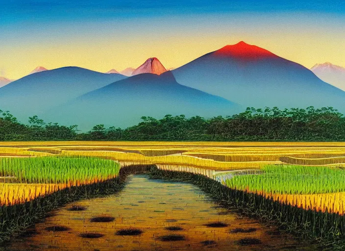 Prompt: painting of a rice paddy with two mountains in the background, a road in the middle, big yellow sun rising between the mountain, masterpiece