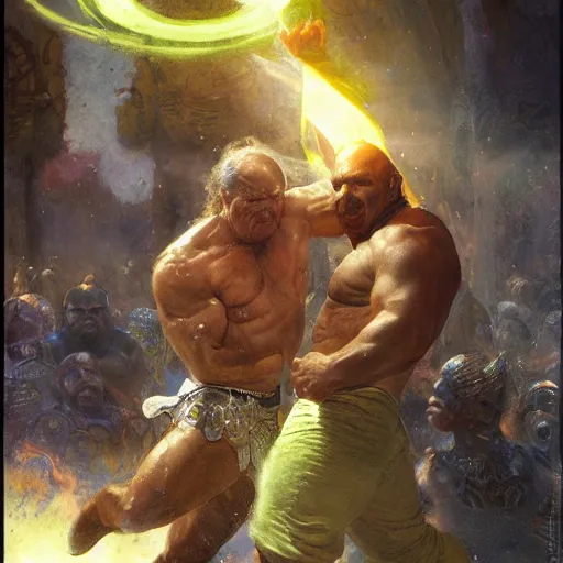 Image similar to the iron sheik breaking hulk hogan's back, radiant light, caustics, heroic, bright iridescent light, by gaston bussiere, bayard wu, greg rutkowski, maxim verehin, epic wrestling combat, legendary