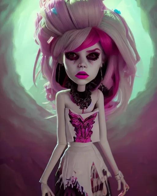 Image similar to portrait of monster high doll, stephen bliss, unreal engine, by greg rutkowski, loish, rhads, makoto shinkai and lois van baarle, ilya kuvshinov, rossdraws, global illumination, radiant light, detailed and intricate environment, pastel lighting