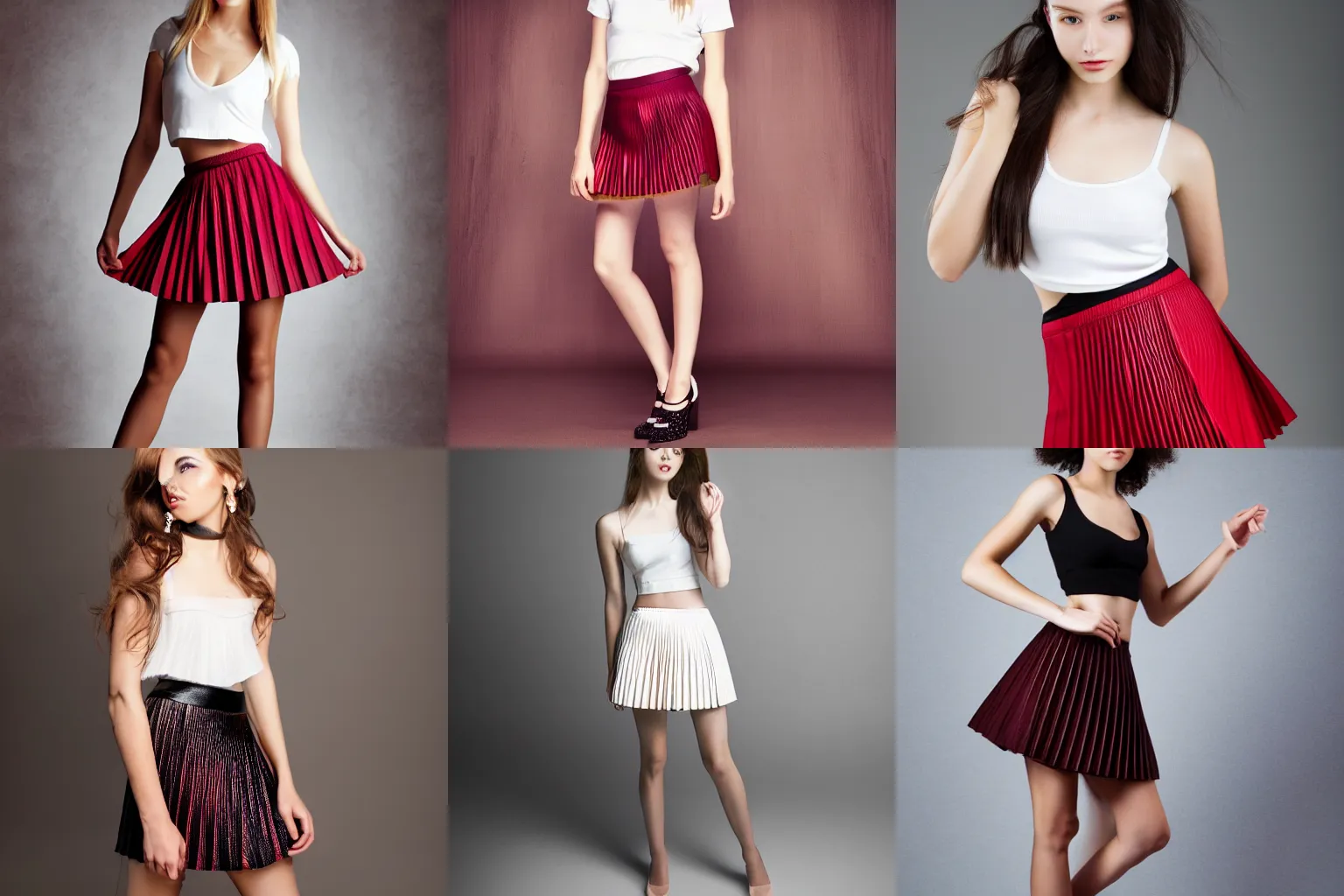 Prompt: beautiful young fashion model in a box pleated mini skirt, studio photography