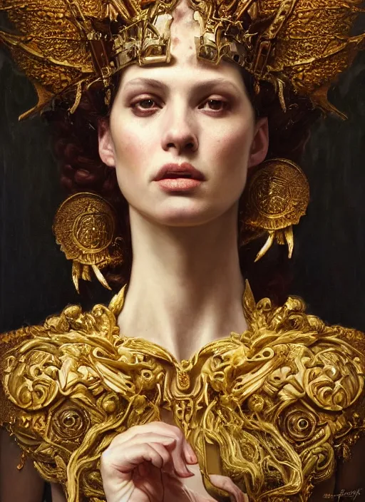 Prompt: highly detailed oil painting | very intricate | cinematic lighting | award - winning | portrait of the goddess of war dressed by alexander mcqueen | by roberto ferri, by tom bagshaw, by j. c. leyendecker and klimt, american romanticism, by austin osman spare, artstation, cgsociety, official art, octane