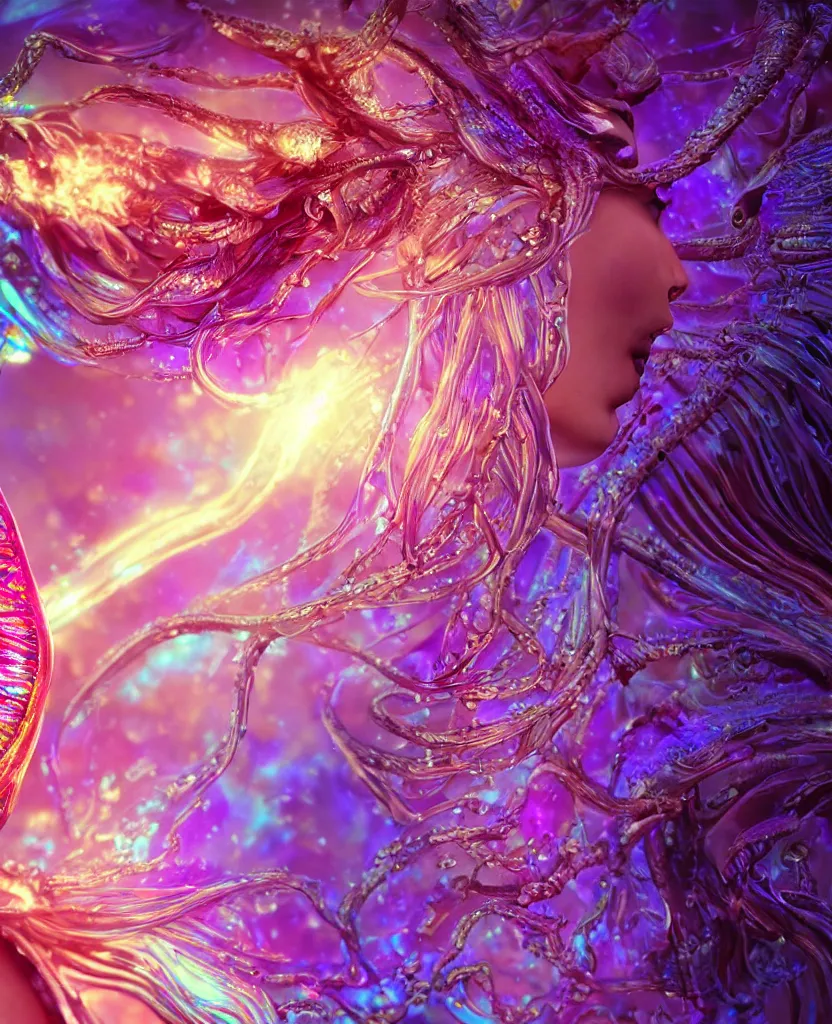 Image similar to iridescent close-up macro portrait of the face of a beautiful princess, epic angle and pose, symmetrical artwork, 3d with depth of field, blurred background, cybernetic jellyfish female face skull phoenix bird, translucent, nautilus, energy flows of water and fire. a highly detailed epic cinematic concept art CG render. made in Maya, Blender and Photoshop, octane render, excellent composition, cinematic dystopian brutalist atmosphere, dynamic dramatic cinematic lighting, aesthetic, very inspirational, arthouse. y Greg Rutkowski, Ilya Kuvshinov, WLOP, Stanley Artgerm Lau, Ruan Jia and Fenghua Zhong