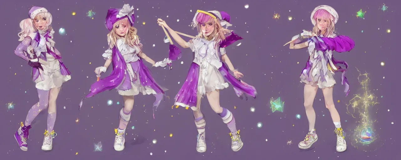 Prompt: A character sheet of a cute magical girl with short blond hair and freckles wearing an oversized purple Beret, Purple overall shorts, Short Puffy pants made of silk, pointy jester shoes, a big scarf, and white leggings. Rainbow accessories all over. Covered in stars. Short Hair. By Seb McKinnon. By WLOP. By Artgerm. By william-adolphe bouguereau. By Anna Dittmann. By Tiago hoisel. Fashion Photography. Decora Fashion. harajuku street fashion. Kawaii Design. Intricate. Highly Detailed. Digital Art. Fantasy. CGSociety. Sunlit. 4K. UHD. HyperMaximalist. Denoise. Hyper realistic.