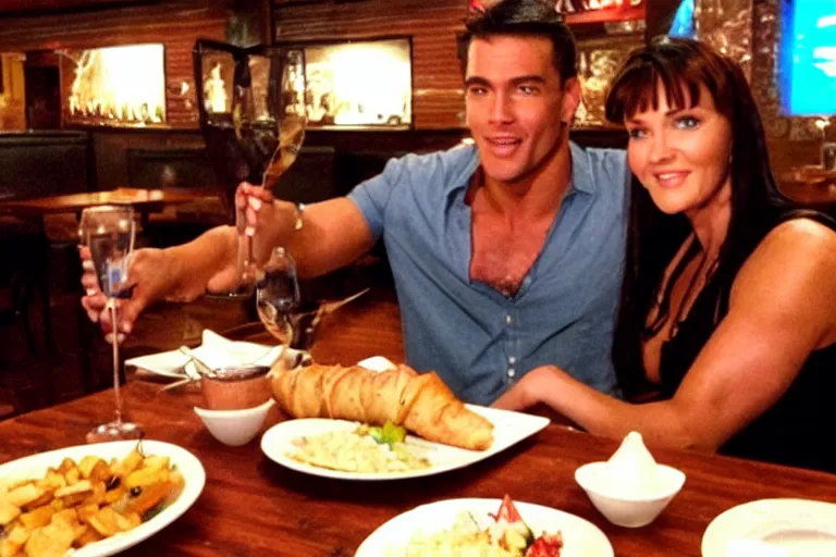 Prompt: xena warrior princess eating at a restaurant with a handsome cuban man