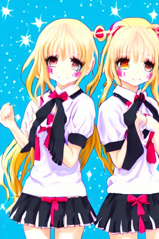 Image similar to two beautiful female idols with short twintails facing each other, detailed anime art