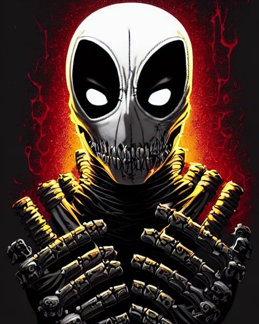 Image similar to highly detailed closeup portrait of a cyborg carnage symbiote in deadpool suit with skeleton skull face, black hoodie by atey ghailan, by greg rutkowski, by greg tocchini, by james gilleard, by joe fenton, by kaethe butcher, gradient, yellow, black, brown and white color scheme, grunge aesthetic!!! black graffiti tag wall background