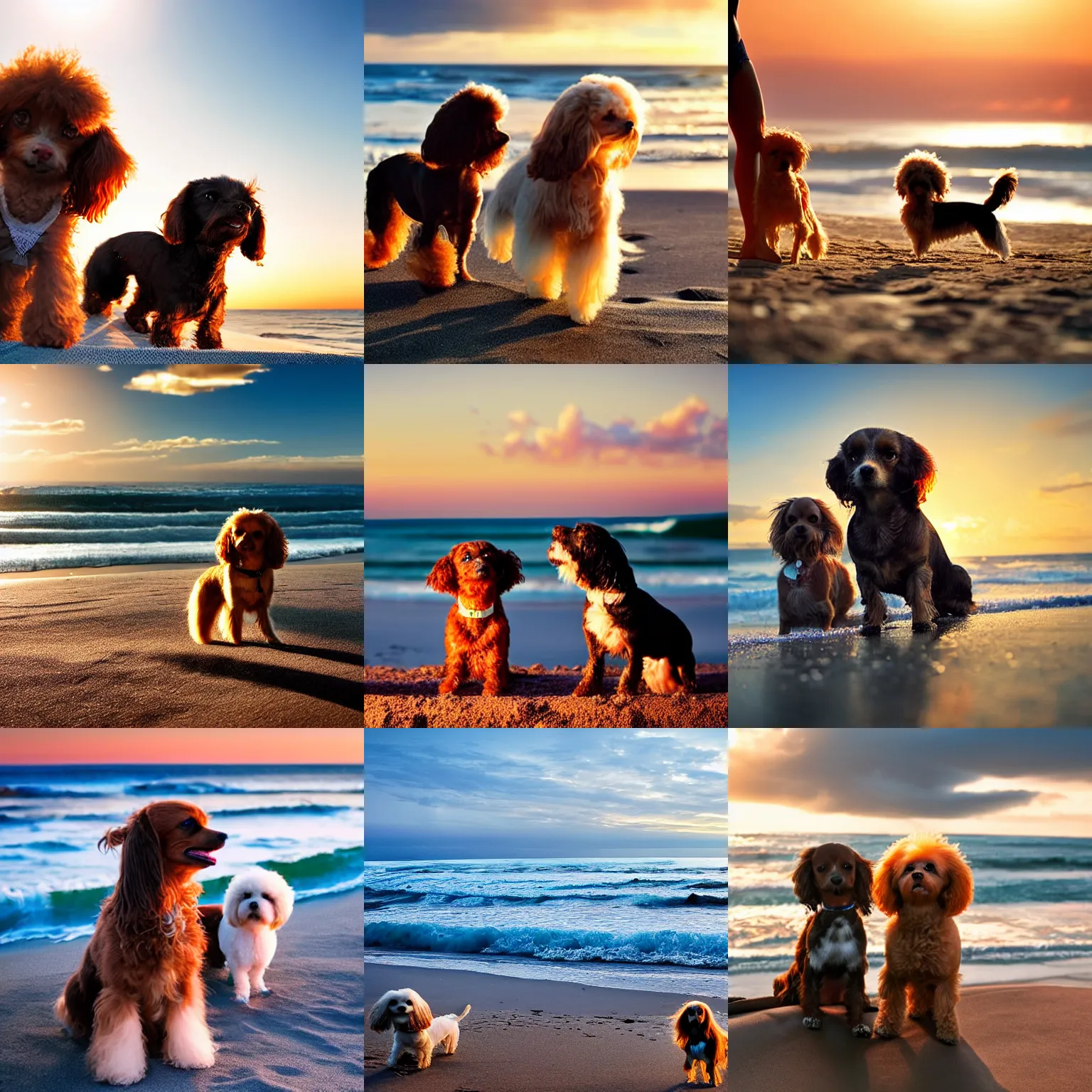 Prompt: a cute brown long haired chihuahua cocker spaniel and a bichon frise at the beach. sunset, surf. brightly lit. closeup photograph. unreal engine