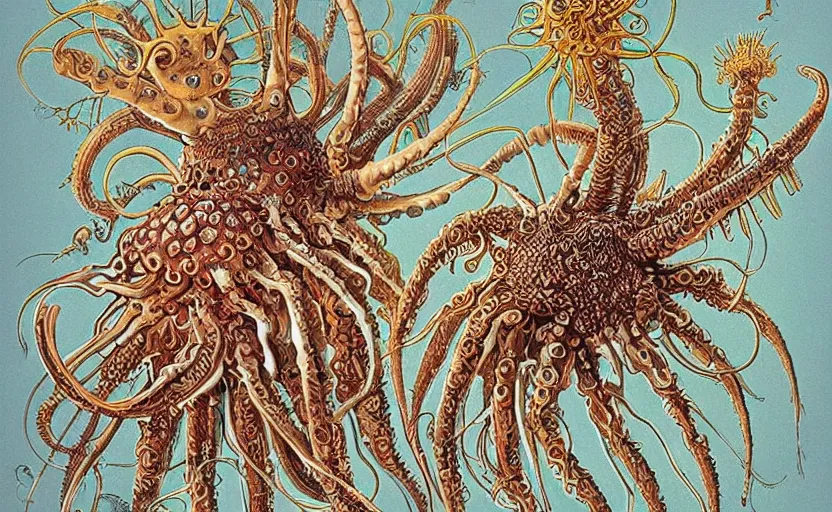 Image similar to sci - fi biomechanical, colored monster character design, fantasy. intricate jellyfish crab eagle lizard biomechanical. by ernst haeckel