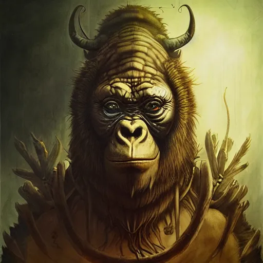 Image similar to first person view of barong family member, leonardo da vinci blueprint, wiwek, mara demon, one single tribe member, jungle, one single mask, dark, ancient warrior, gorilla, lizard, tribal, inner glow, paint by peter mohrbacher