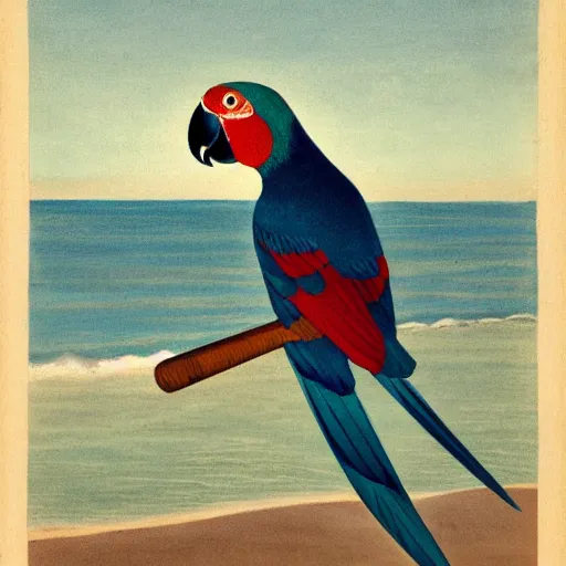 Image similar to A parrot carrying a Sceptre over the ocean, sunny day, closup