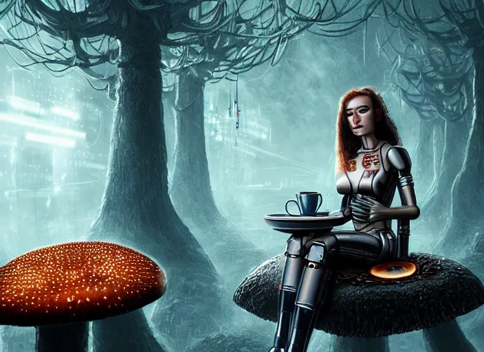 Image similar to photo of an intricate and sophisticated terminator woman with borg enhancements sitting on a giant mushroom in a weird magical forest and drinking a cup of tea. Very detailed 8k. Fantasy cyberpunk horror