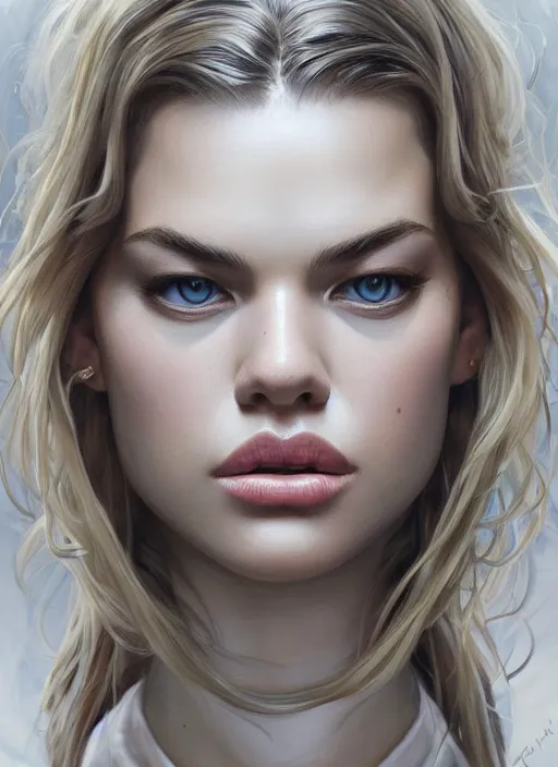 Image similar to symmetry!! hailey clauson, machine parts embedded into face, intricate, elegant, highly detailed, digital painting, artstation, concept art, smooth, sharp focus, illustration, art by artgerm and greg rutkowski and alphonse mucha, 8 k