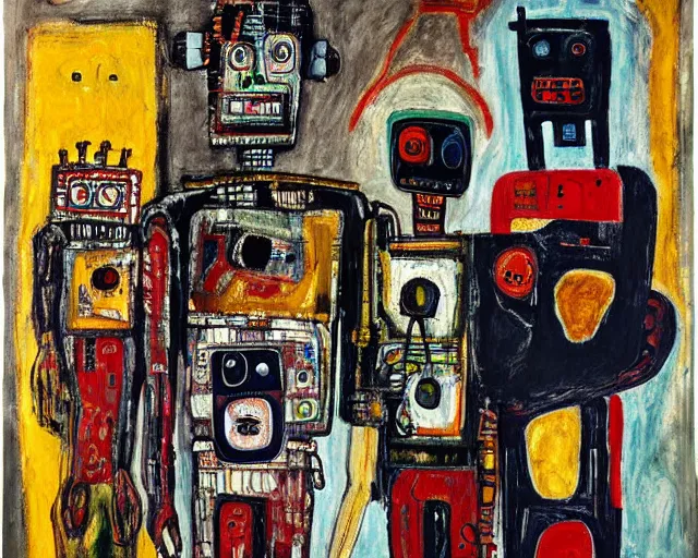 Prompt: a painting of a robot family portrait by graham sutherland, egon schiele, basquiat, neo - expressionism