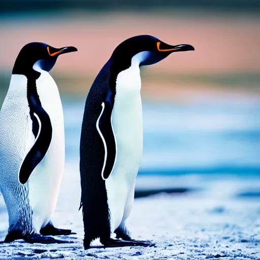 Image similar to close-up photo of a 2 penguins sitting together watching city lights shallow depth of field, photorealistic, cinematic lighting, warm colours, dusk