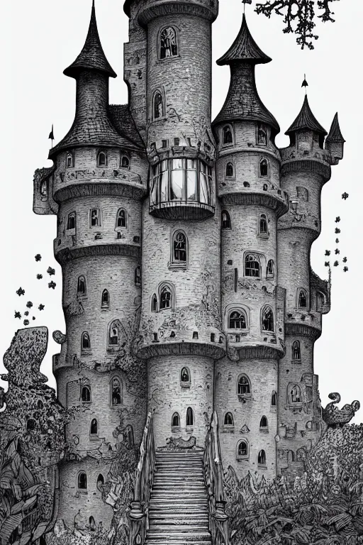 Prompt: a line drawing of an old castle in the woods by joe fenton, trending on artstation, realistic rendering