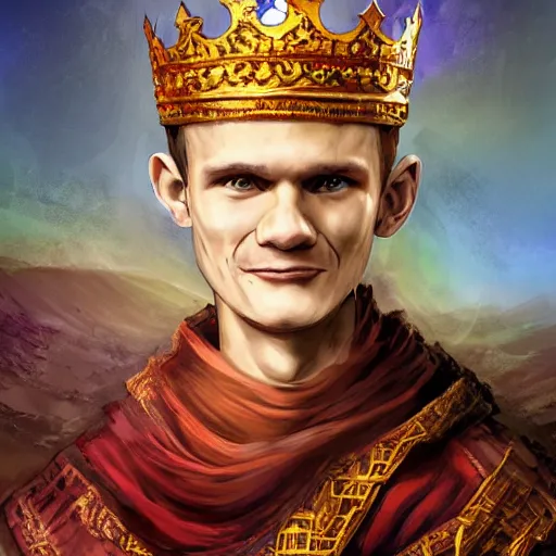 Image similar to Vitalik Buterin dressed as a god, king, in the style of Marc Simonetti