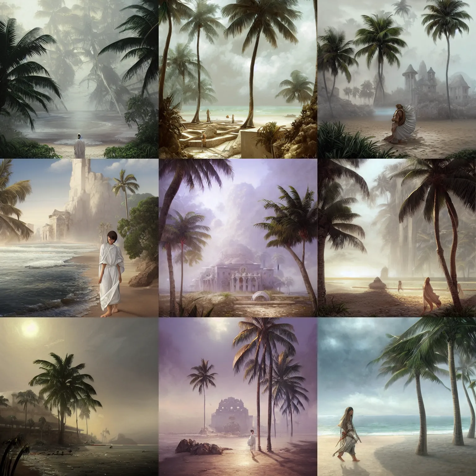 Prompt: white ruins with palms on the beach wrapped in fog, casual game, isometric view, highly detailed, digital painting, artstation, concept art, smooth, sharp focus, illustration, artstation, art by giger and greg rutkowski and hikari shimoda and edmund blair leighton and charlie bowater