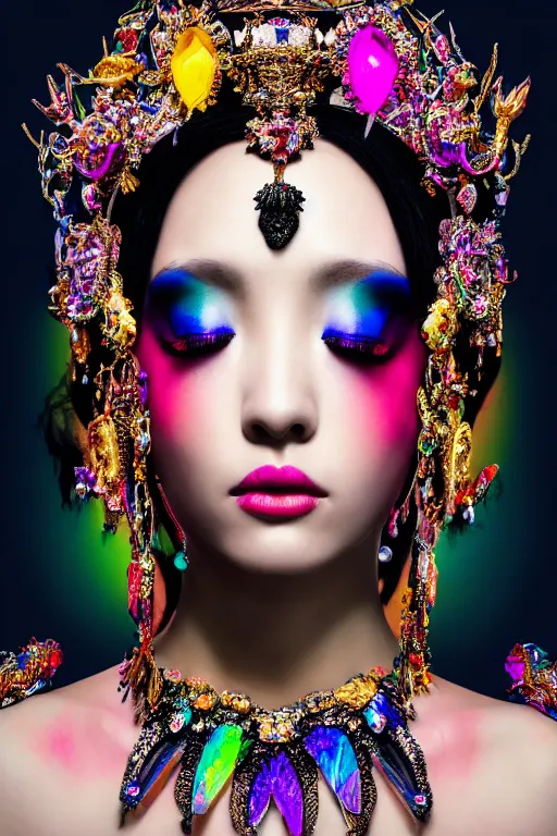 Image similar to a singular beautiful empress dramatic portrait, black hair, with a brilliant, impossible striking shiny big multi colored crystal headpiece, symmetrical, reflective surface, rainbow crystal clothes, rococo, baroque, jewels, asian, realistic, dramatic studio lighting, closeup, D&D, fantasy, intricate, elegant, highly detailed, digital painting, artstation, octane render, 8k, concept art, matte, sharp focus, illustration, art by Artgerm and Greg Rutkowski and Alphonse Mucha