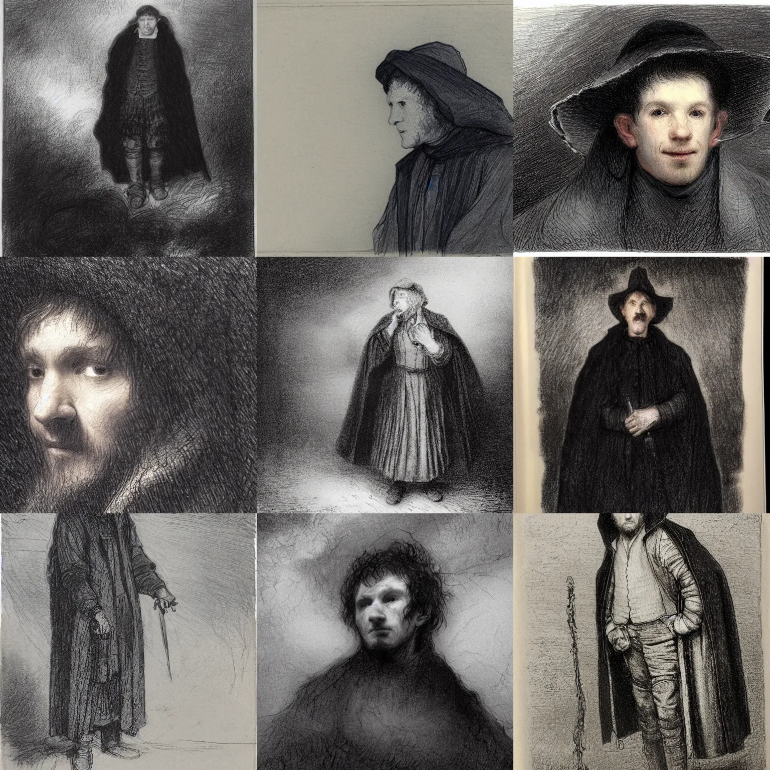 Prompt: a pale, melancholic 19th century wanderer in his 30s, dressed in a worn, black traveling cloak, who looks like Lee Evans. heavy raining, thunder storm, blue tones, darkness, highly detailed, realistic, drawing by Rembrandt