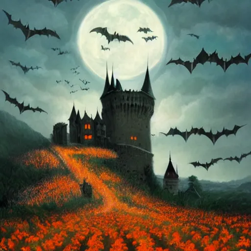 Prompt: breathtaking detailed soft painting of BAT FLYING OVER dracula's castle, in a landscape of pumpkins field at moonlight with intricate mists, elegant, highly detailed, artstation, concept art, matte, sharp focus, art by Anato Finnstark, Artgerm and Greg Rutkowski