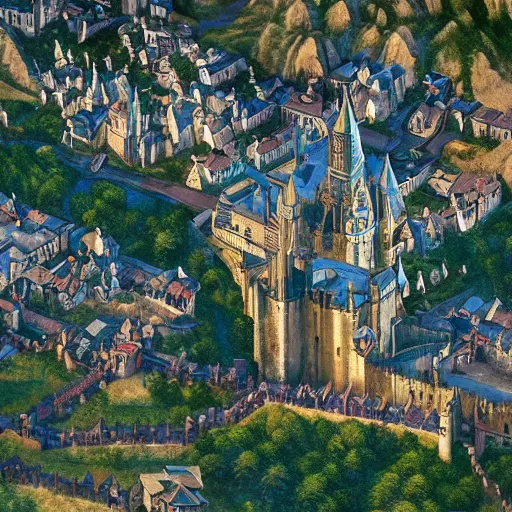 Prompt: Aerial shots of medieval cities, Game of Thrones, the witcher 3, Lord of the Rings, Victorian era, style by Thomas Kinkade