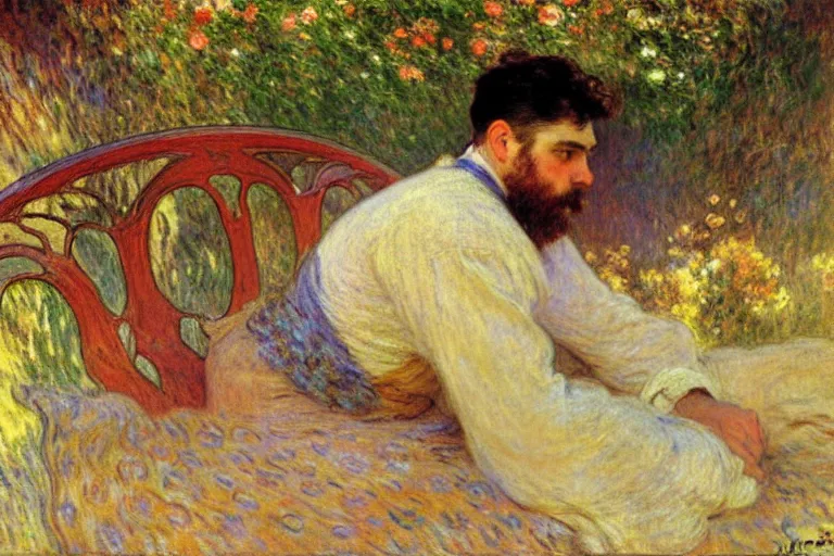 Prompt: attractive male, painting by gaston bussiere, claude monet, alphonse mucha, carl larsson