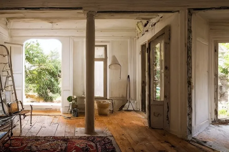 Image similar to interior of old house, beautiful design, sunlight entering through doors to the garden