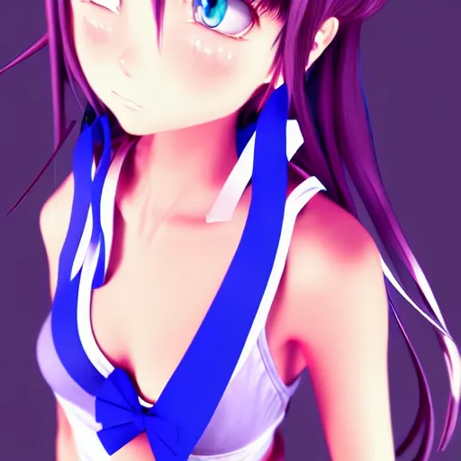 Image similar to 3d anime girl, wearing a tanktop, gorgeous face, blue eyes, ribbon in her hair, silver necklace, , high quality anime art, trending on artstation