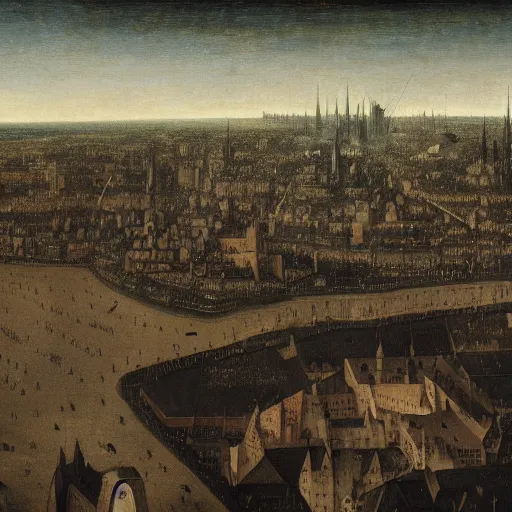 Prompt: a black unicorn flying over a Flemish cityscape, by Bosch