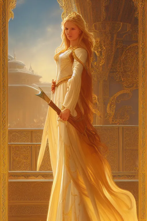 Prompt: painting of eowyn in front of a golden palace, decorated, intricate, elegant, highly detailed, digital painting, artstation, concept art, smooth, sharp focus, illustration, art by artgerm and greg rutkowski and alphonse mucha, 8 k