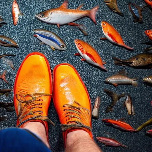 Image similar to ultra detailed photo, man wearing shoes made out of fish