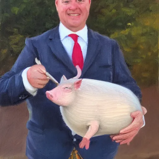 Image similar to a proud englishman farmer showing off his prized blue ribbon hog at the county fair, oil painting