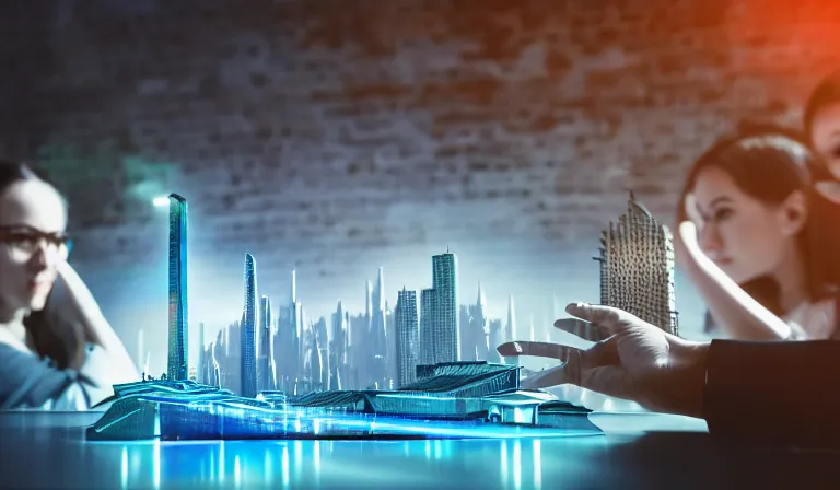 Prompt: group of people in walled warehouse, looking at hologram of futuristic city on a table, cinematic concept, godrays, golden hour, natural sunlight, 4 k, clear details, tabletop model buildings, center model buildings, hologram center, crane shot, crane shot, crane shot