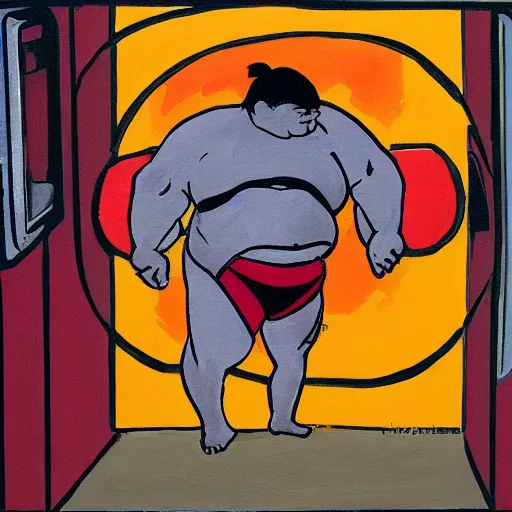 Prompt: painting of a sumo wrestler trapped inside of a microwave