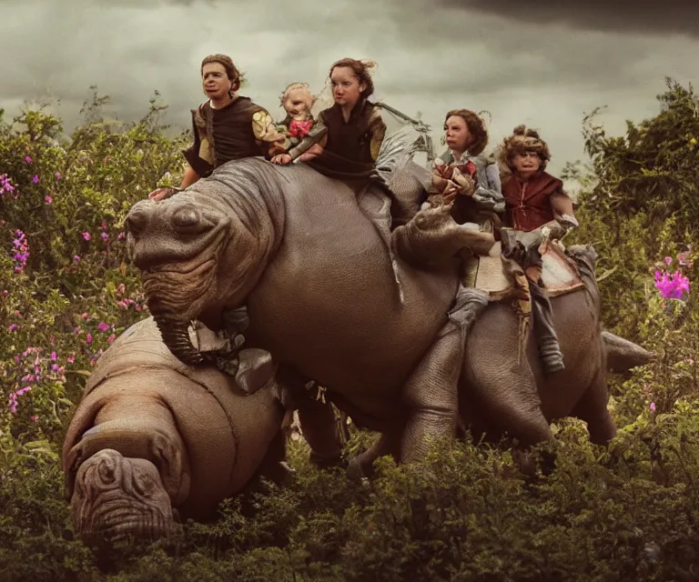 Image similar to 35mm still from a sci fi blockbuster movie made in 2022, set in 1860, of a family riding on the back of alien hippos, on an alien planet, across an alien landscape that is full of strange wild alien plants and flowers, the family are wearing 1850s era clothes, cinematic lighting, 4k, in focus faces, good quality lighting, good quality photography, oscar winner