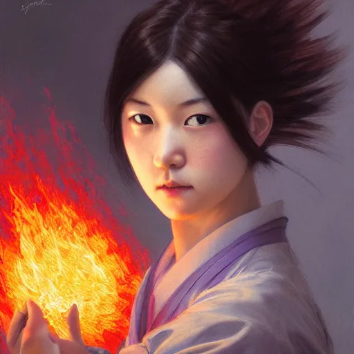 Prompt: Portrait of a Japanese schoolgirl with short hair and lilac eyes causing flames in a moment of rage, hyperdetailed, artstation trending, world renowned artists, worth1000.com, historic artworks society, antique renewel, cgsociety, by greg rutkowski, by Gustave Dore, Deviantart